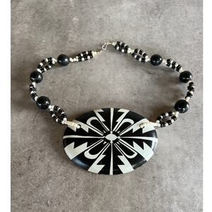 Vintage giant painted wood pendant beaded statement necklace artsy boho unique